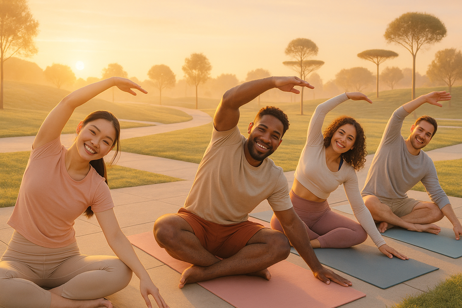 A bright, uplifting scene of a young, diverse group of people outdoors in a modern park, smiling and stretching together during sunrise. Clean, minimal background with soft pastel tones. The mood is motivating, energetic, and wellness-focused. Perfect for a Shopify landing hero banner.