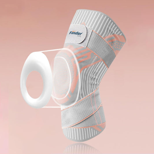 Gray knee brace with white tape on a pink background