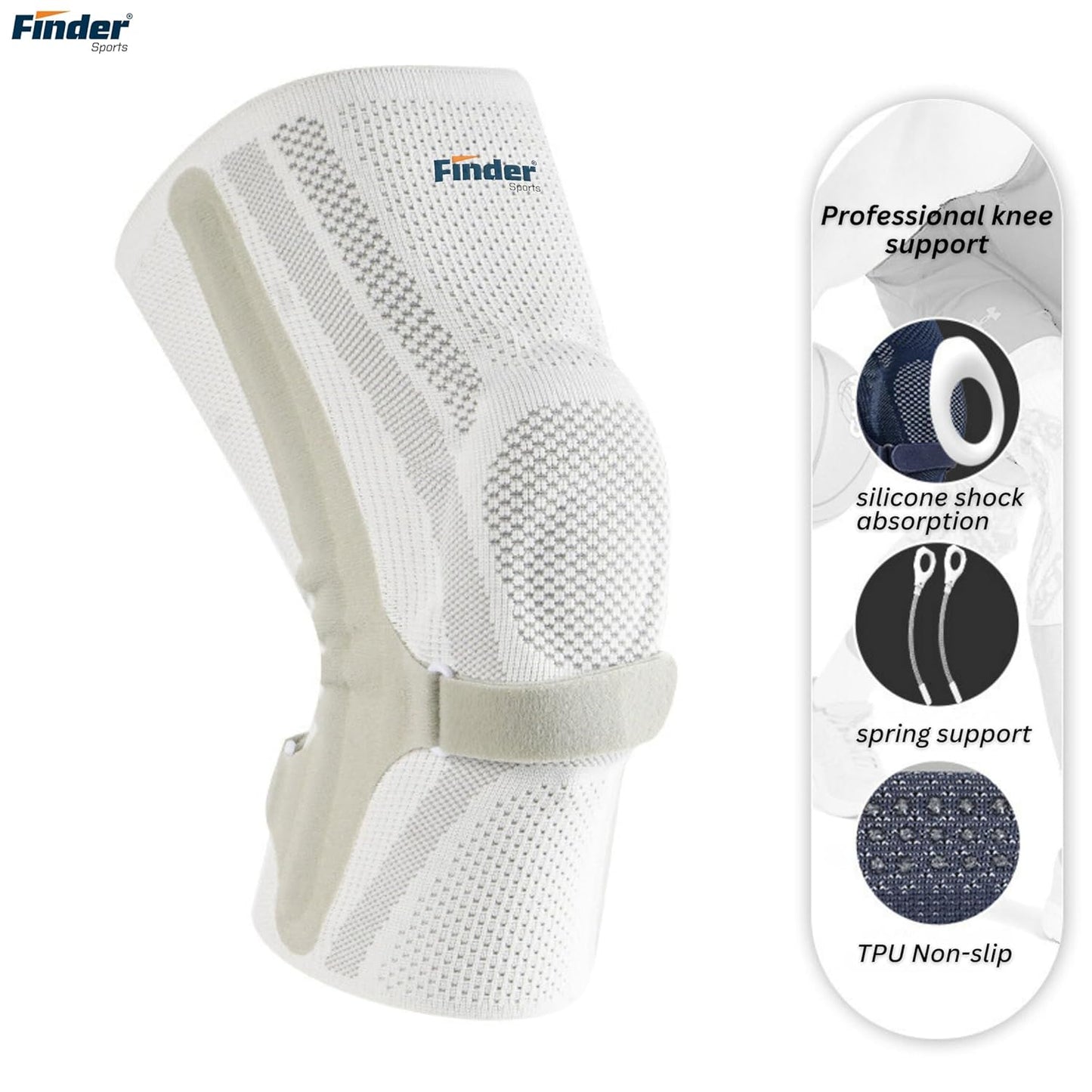 Knee Brace with Silicone Shock Absorption & Spring Support,Dual Strap Compression, Anti-Slip, knee support for men & women (WHITE, S)