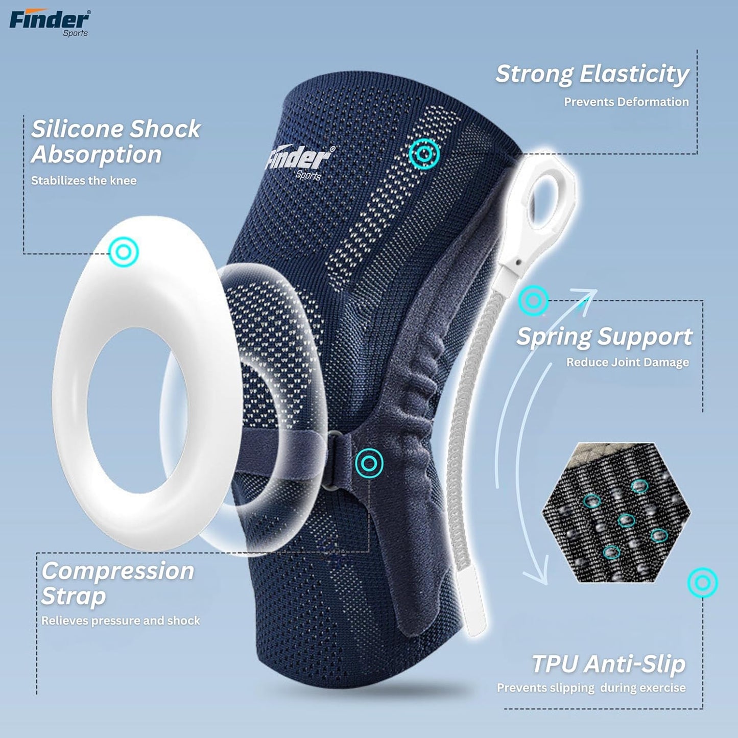 Knee Brace with Silicone Shock Absorption & Spring Support,Dual Strap Compression, Anti-Slip, knee support for men & women (WHITE, S)